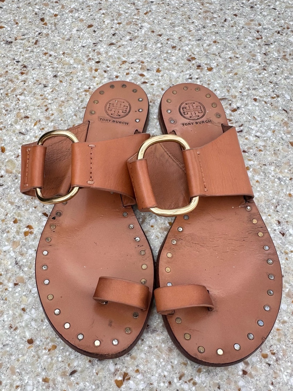 Tory Burch Tan Leather Slide Sandals with Gold Ring size 8